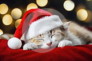 Festive Slumber: Santa Hat-Wearing Kitten Among Christmas Decor - Generative AI