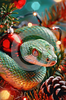 Festive Snake Amidst Holiday Decorations and Pine Cones