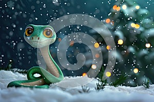 Festive Snake Toy Under Christmas Tree with Snowy Bokeh Background