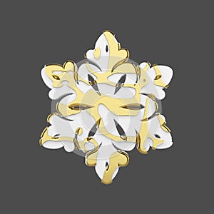 Festive snowflake in gold and white style isolated on gray background. Christmas element in golden abstract soft lines. 3d render.