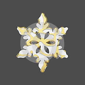Festive snowflake in gold and white style isolated on gray background. Christmas element in golden abstract soft lines. 3d render.