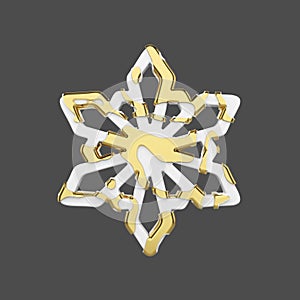 Festive snowflake in gold and white style isolated on gray background. Christmas element in golden abstract soft lines. 3d render.