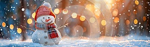 Festive Snowman in Winter Wonderland with Bokeh Lights and Sun Illumination - Christmas Holiday Background Banner