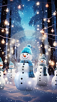 Festive snowmen come alive in a magical forest at night, dancing and celebrating