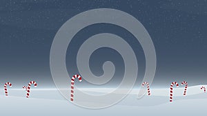 Festive snowy landscape red and white candy canes amidst starry night