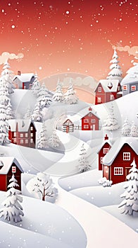 Festive Snowy Village with Red Houses