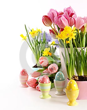 Festive spring flowers and eggs for Easter