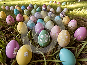 Colorful Easter Eggs Hidden in Lush Spring Grass. Happy Easter. AI generated image.