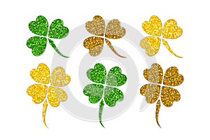 Festive St. Patrick`s Day holiday design elements as magic sparkling glitter clover leaves