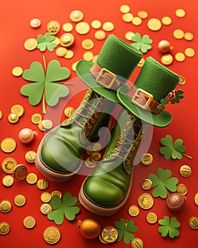 Festive St Patrick\'s Day Themed Background with Green Leprechaun Boots and Shamrocks on a Vibrant Red Background