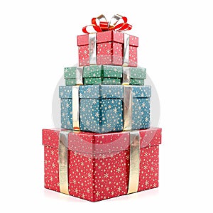 Festive Stack of Holiday Gift Boxes on White