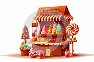 Festive stall counter with sweets and gifts for Christmas and New Year. Vector illustration in cartoon style on a white background