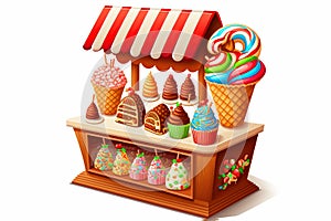 Festive stall counter with sweets and gifts for Christmas and New Year. Vector illustration in cartoon style on a white background