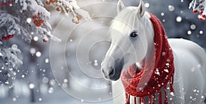 Festive Steed: White Horse Adorned with a Red Christmas Scarf. Generative ai