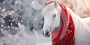 Festive Steed: White Horse Adorned with a Red Christmas Scarf. Generative ai