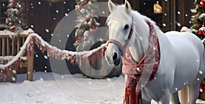 Festive Steed: White Horse Adorned with a Red Christmas Scarf. Generative ai