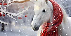 Festive Steed: White Horse Adorned with a Red Christmas Scarf. Generative ai