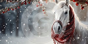 Festive Steed: White Horse Adorned with a Red Christmas Scarf. Generative ai