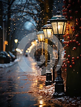 Festive street lamp wrapped in green and red Christmas lights, snowflakes falling, quaint town setting