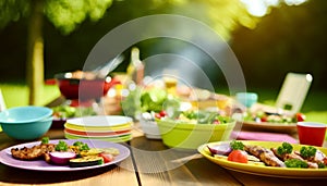 Festive Summer Grilling Party Scene with Colorful Table Settings