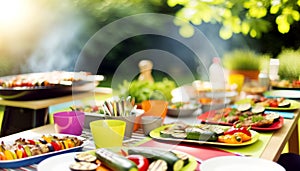 Festive Summer Grilling Party Scene with Colorful Table Settings