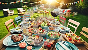 Festive Summer Grilling Party Scene with Colorful Table Settings