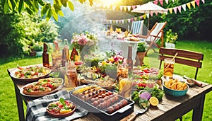 Festive Summer Grilling Party Scene with Colorful Table Settings