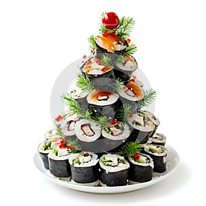 Festive Sushi Christmas Tree with Gourmet Decorations. Generative ai