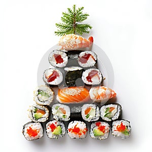 Festive Sushi Christmas Tree with Gourmet Decorations. Generative ai