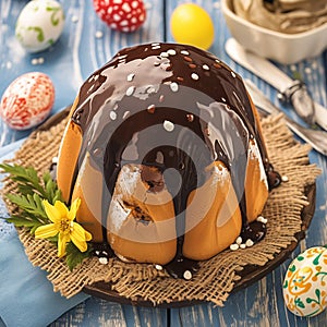Festive sweetness Babovka cake with chocolate glaze, Easter decorations adorn