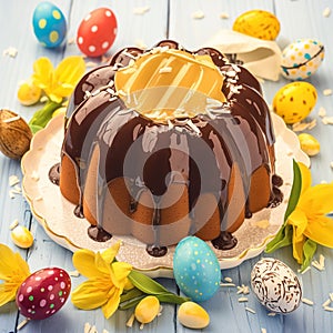 Festive sweetness Babovka cake with chocolate glaze, Easter decorations adorn