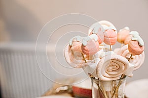 Festive sweets vanilla marshmallows and lollipops on sticks, party catering, ad photo for confectionery