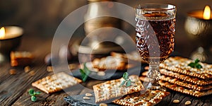 Festive table bound for a traditional Passover seder with a cup of Elijah the Prophet and matzoh