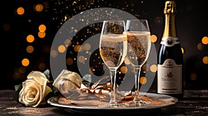 Festive Table: Bubbling Champagne, Vibrant Fireworks, and Glittering Decor photo