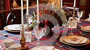 Festive table decor, holiday tablescape and dinner table setting, formal event decoration for wedding, family
