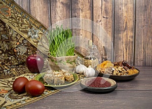 Festive table in honor of Navruz. Wheat with a red ribbon, the traditional holiday of the vernal equinox Nawruz