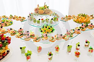 Festive table with light snacks. Wedding banquet.