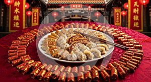 Chinese New Year Feast Dumplings and Firecrackers Table Display