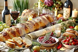 Festive table set with traditional Shavuot dishes. Challah bread, wine and fruits stand on the table. Torah scroll lies