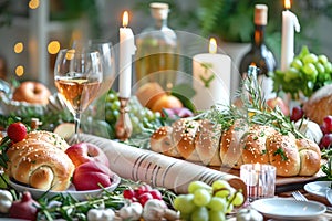 Festive table set with traditional Shavuot dishes. Challah bread, wine and fruits stand on the table. Torah scroll lies