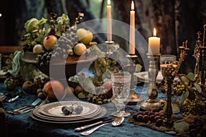 festive table setting with antique silverware