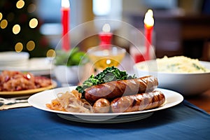 a festive table setting with bangers and mash centerpiece