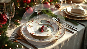 Festive table setting. Christmas decor with plates ornaments. Elegant tableware for New Year Christmas dinner. Restaurant table