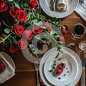 Festive table setting with cutlery, candles and beautiful red flowers in vase