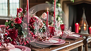 Festive table setting with cutlery, candles and beautiful red flowers in vase