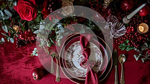 Festive table setting with cutlery, candles and beautiful red flowers in vase