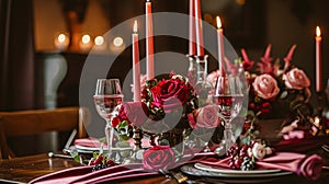 Festive table setting with cutlery, candles and beautiful red flowers in vase