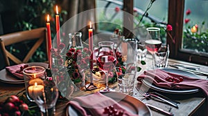 Festive table setting with cutlery, candles and beautiful red flowers in vase