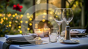 Festive table setting with cutlery, candles and beautiful red flowers in vase