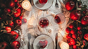 Festive table setting with cutlery, candles and beautiful red flowers in vase